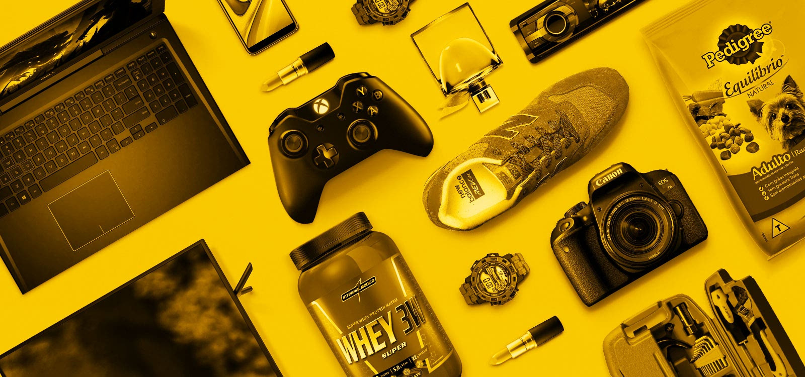 Various electronic items in a yellow background